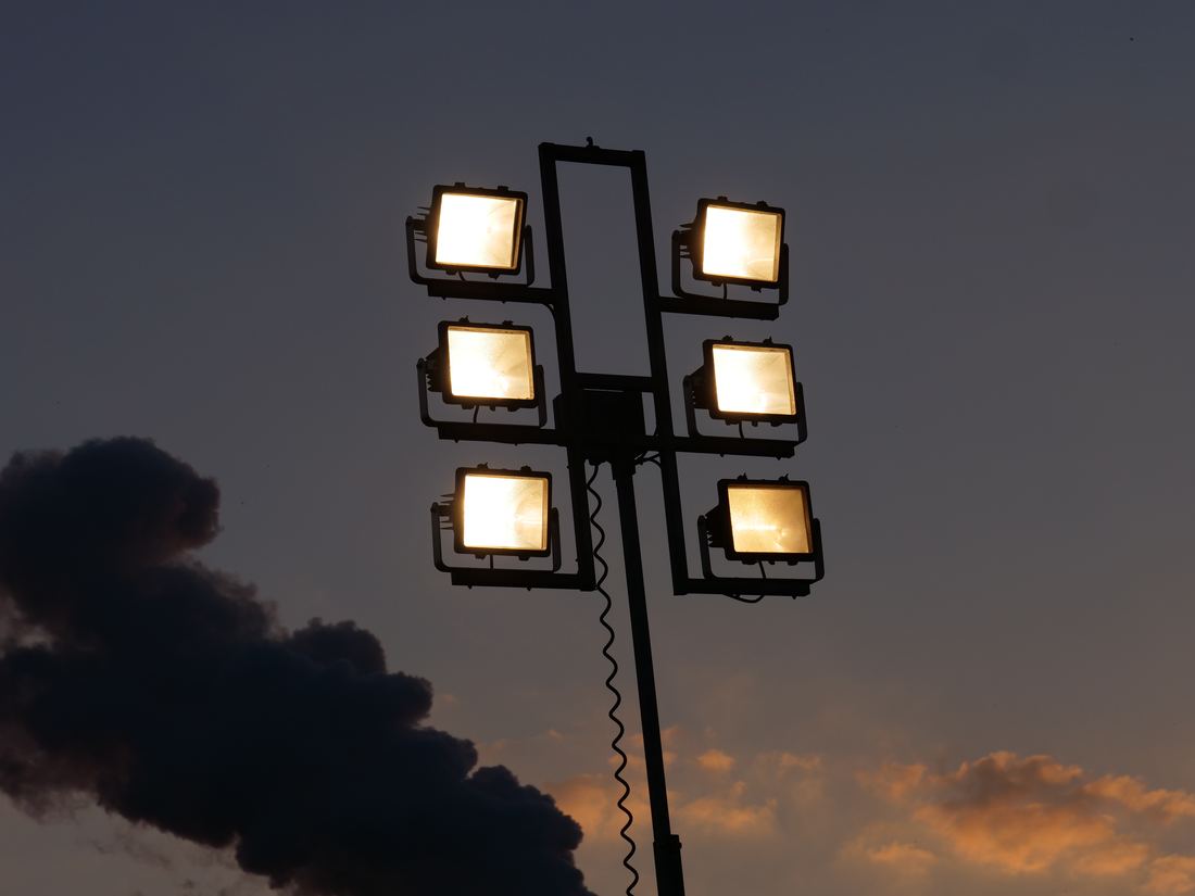 Temporary lighting tower at dusk